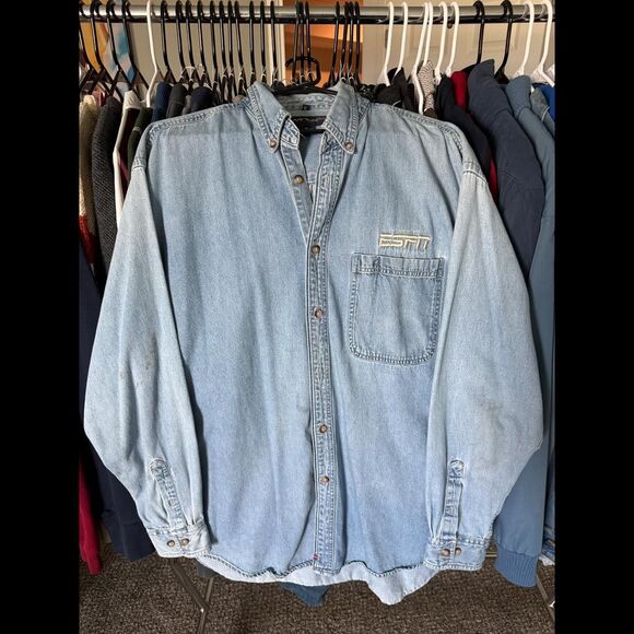 Vintage Distressed ESPN Denim Button Up Shirt - Picture 1 of 3